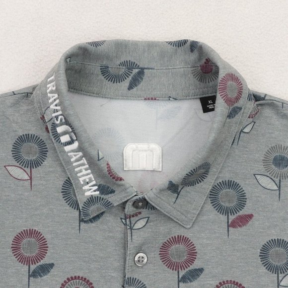 Travis Mathew Golf Polo Shirt Men's XL Gray Purple Blue Floral Pattern Spell Out - Picture 7 of 9